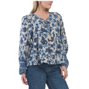 LUCKY BRAND BLUE MULTI Peasant Sleeve Printed Blouse